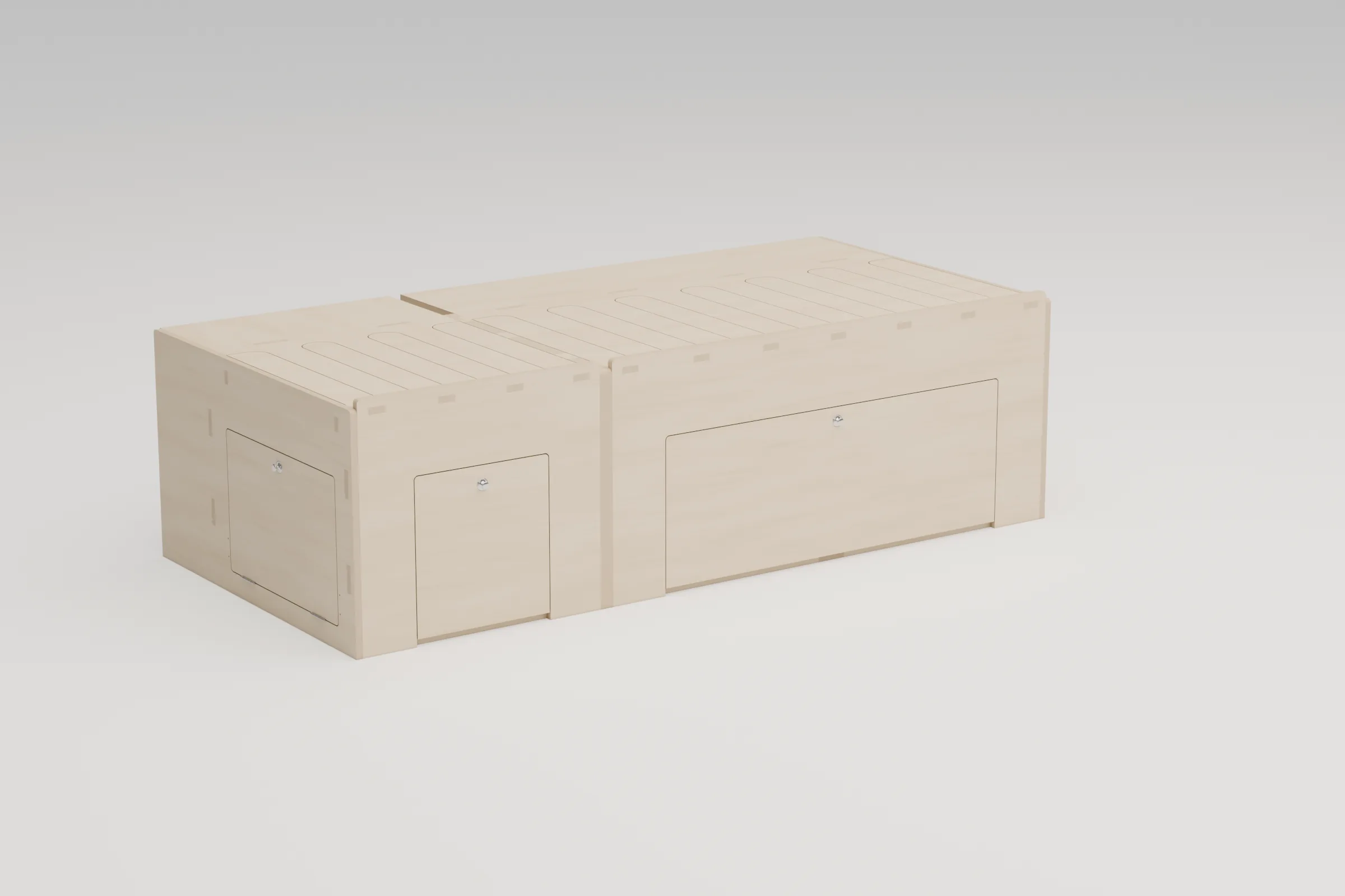 Lit peigne OneLifeVan fermé en banquette, kit flat-pack en contreplaqué bouleau pour van aménagé