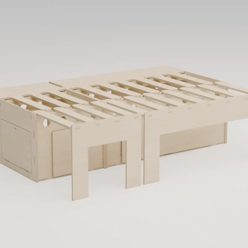 Lit peigne OneLifeVan déployé, couchage 120 × 180 cm dans un fourgon aménagé