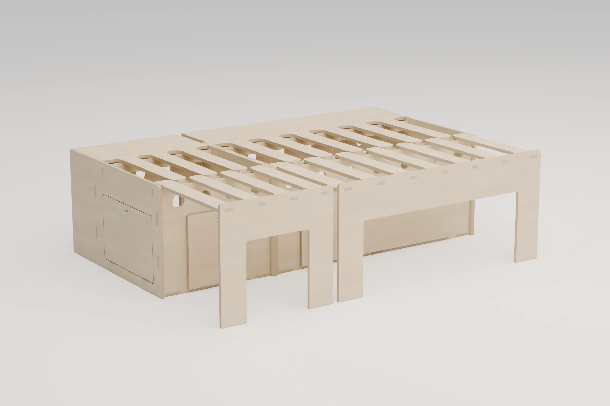 Lit peigne OneLifeVan déployé, couchage 120 × 180 cm dans un fourgon aménagé