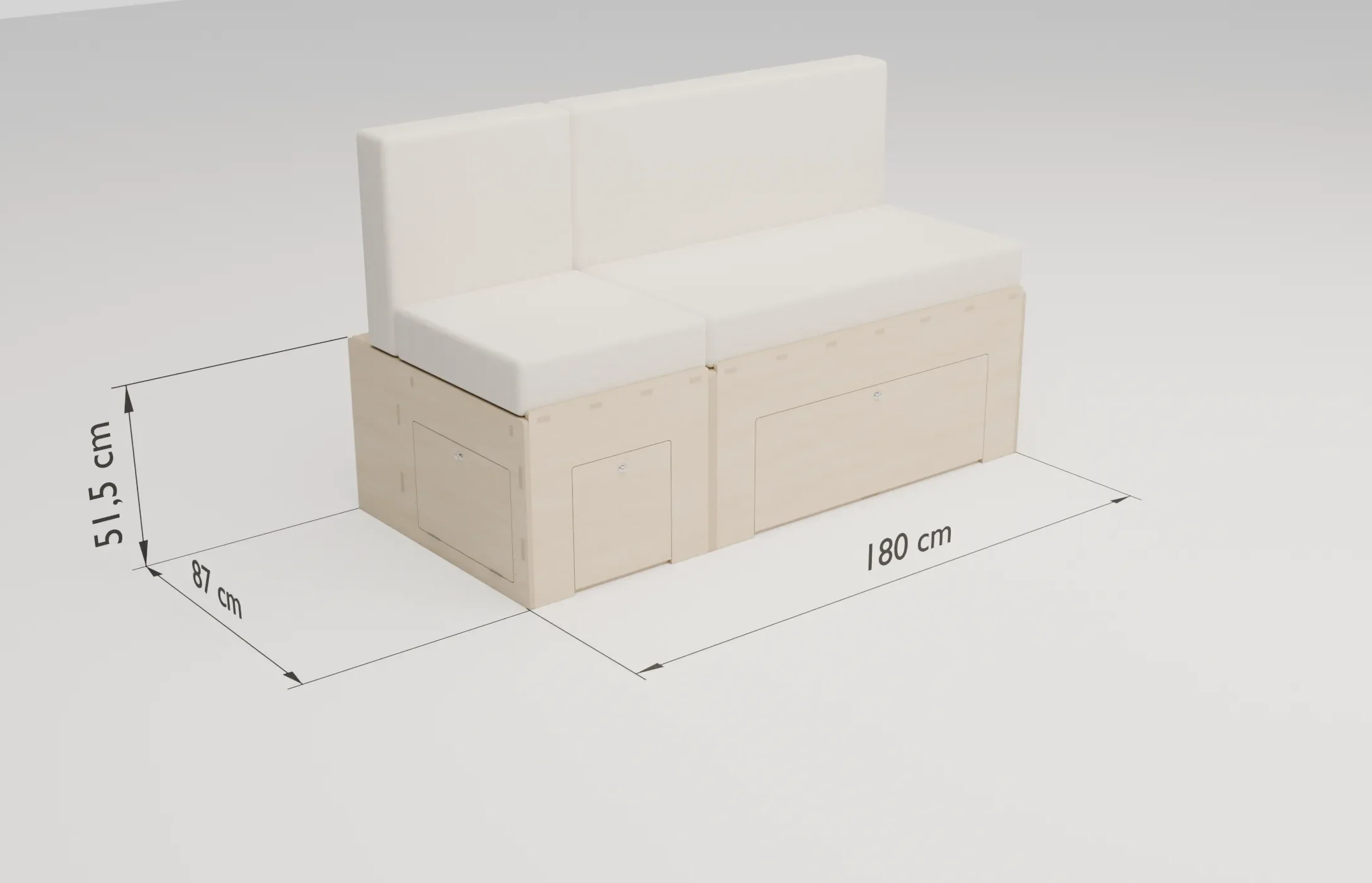 Lit peigne OneLifeVan en banquette avec ses matelas, coté 180 × 87 × 51,5 cm, kit pour van aménagé
