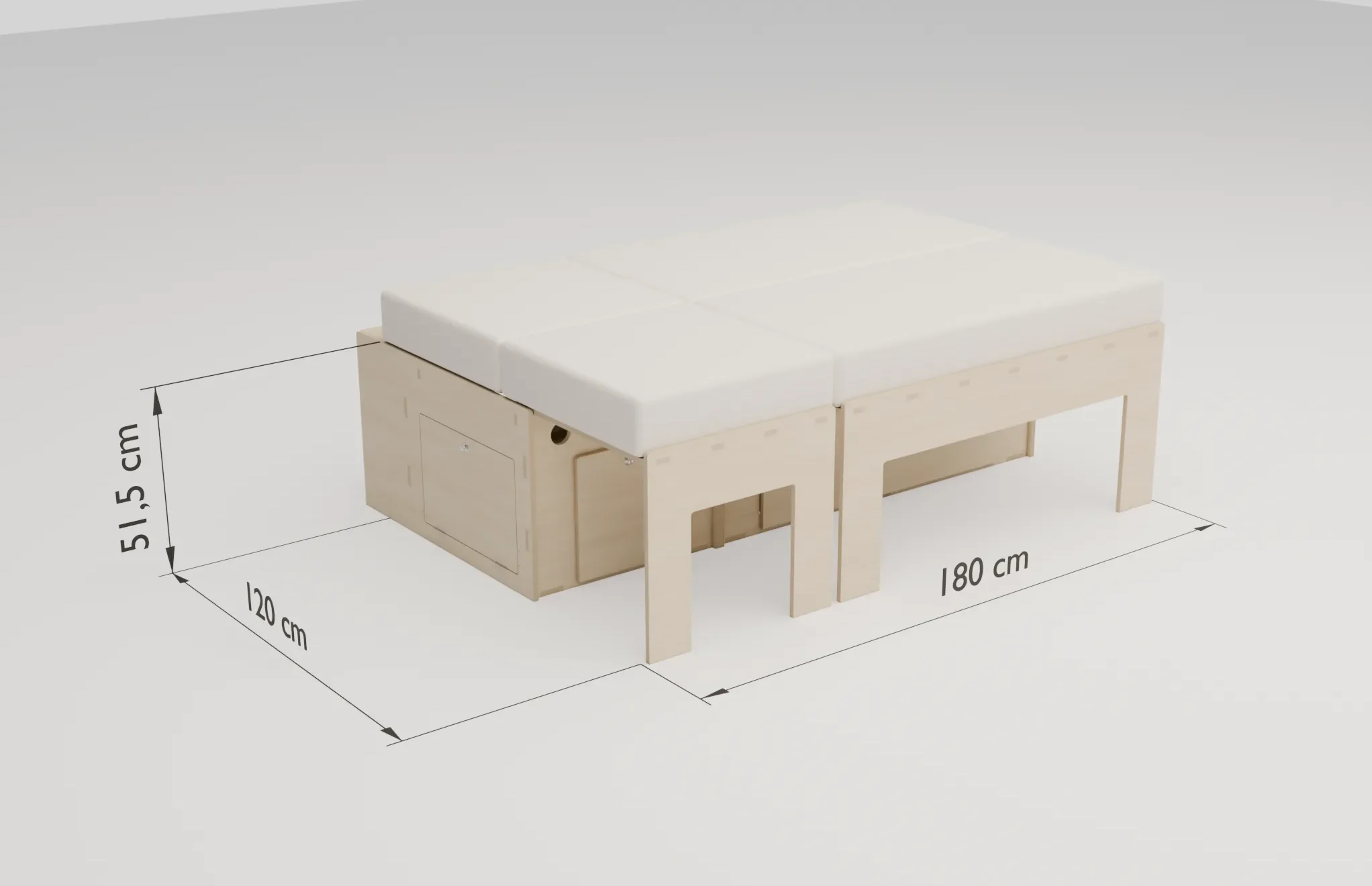 Lit peigne OneLifeVan déployé avec matelas, couchage coté 180 × 120 cm à 51,5 cm du sol