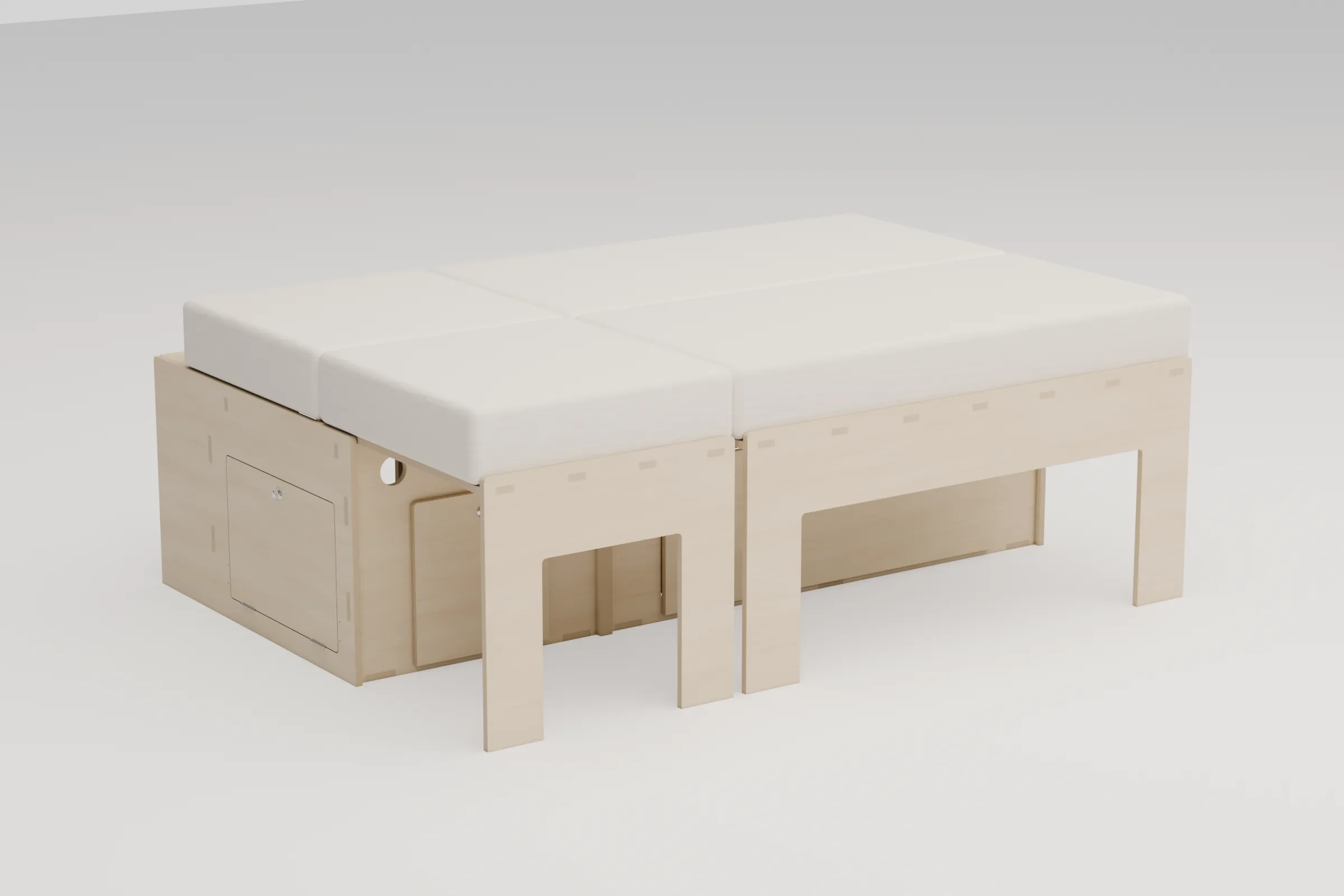 Couchage 120 × 180 cm du lit peigne OneLifeVan avec ses quatre matelas posés bord à bord